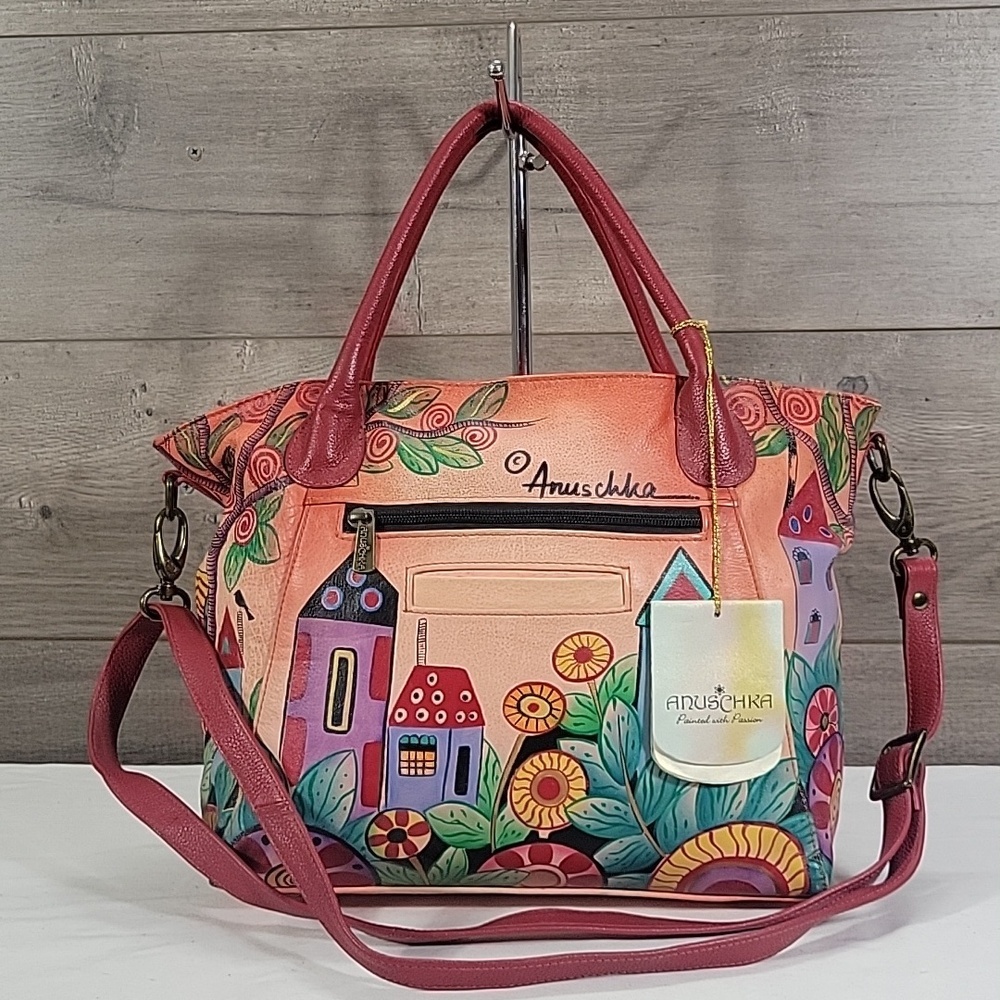 Anuschka Colorful Hand-Painted Village Tote Crossbody Bag - Red Handles New - Picture 4 of 16